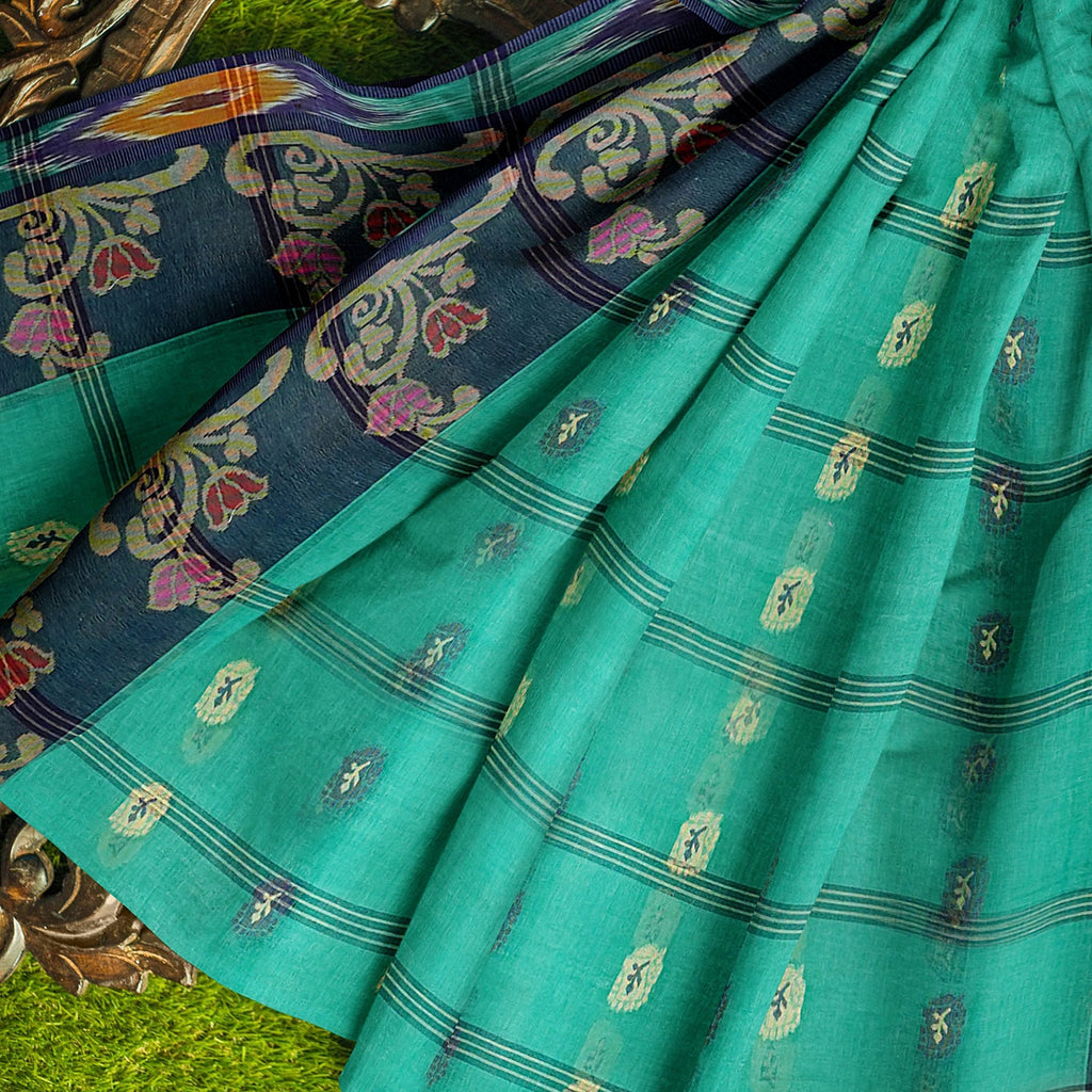 Exclusive Collection 100% Pure Cotton Green Tant Saree With Hand Weaving Work | Grocsy