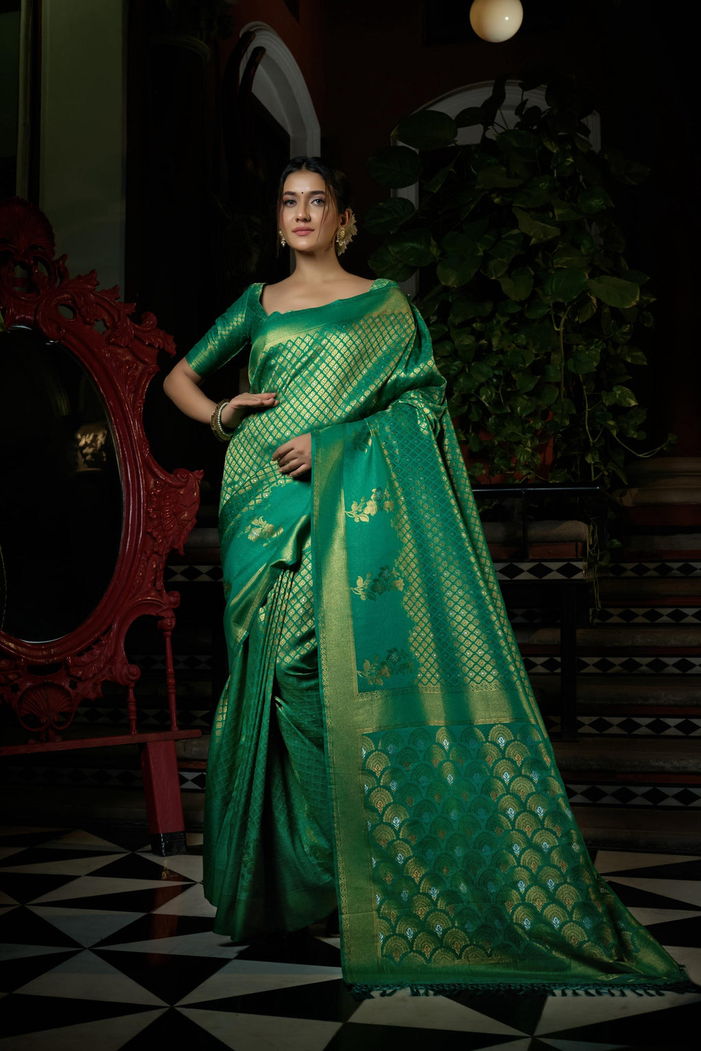 Vardha Emerald Green Copper-Silver Zari Kanjeevaram Silk Saree | Grocsy