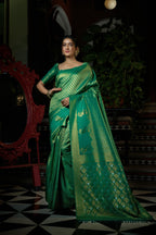 Vardha Emerald Green Copper-Silver Zari Kanjeevaram Silk Saree | Grocsy