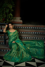 Vardha Emerald Green Copper-Silver Zari Kanjeevaram Silk Saree | Grocsy