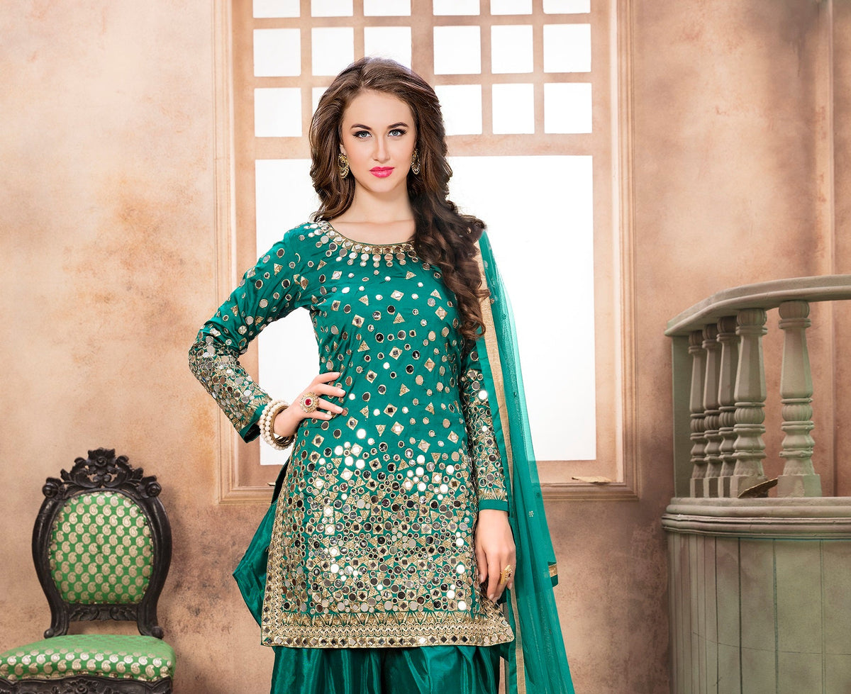 Anaita Teal Embroidered Tapeta Silk Salwar Suit | Grocsy