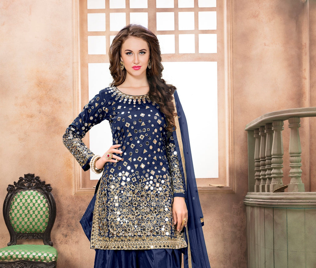 Anaita Navy Blue Embroidered Tapeta Silk Salwar Suit | Grocsy
