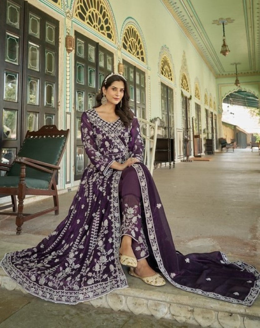 Anaita Purple Silk Anarkali Suit With Embroidery & Sequins Work | Grocsy