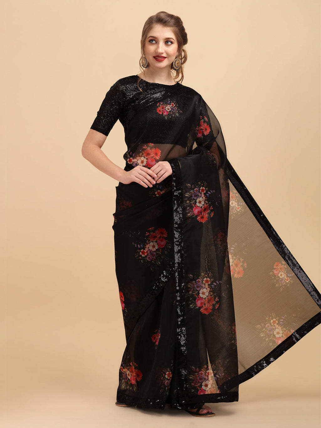 Sangria Black & Coral Floral Sequinned Organza Celebrity Saree | Grocsy