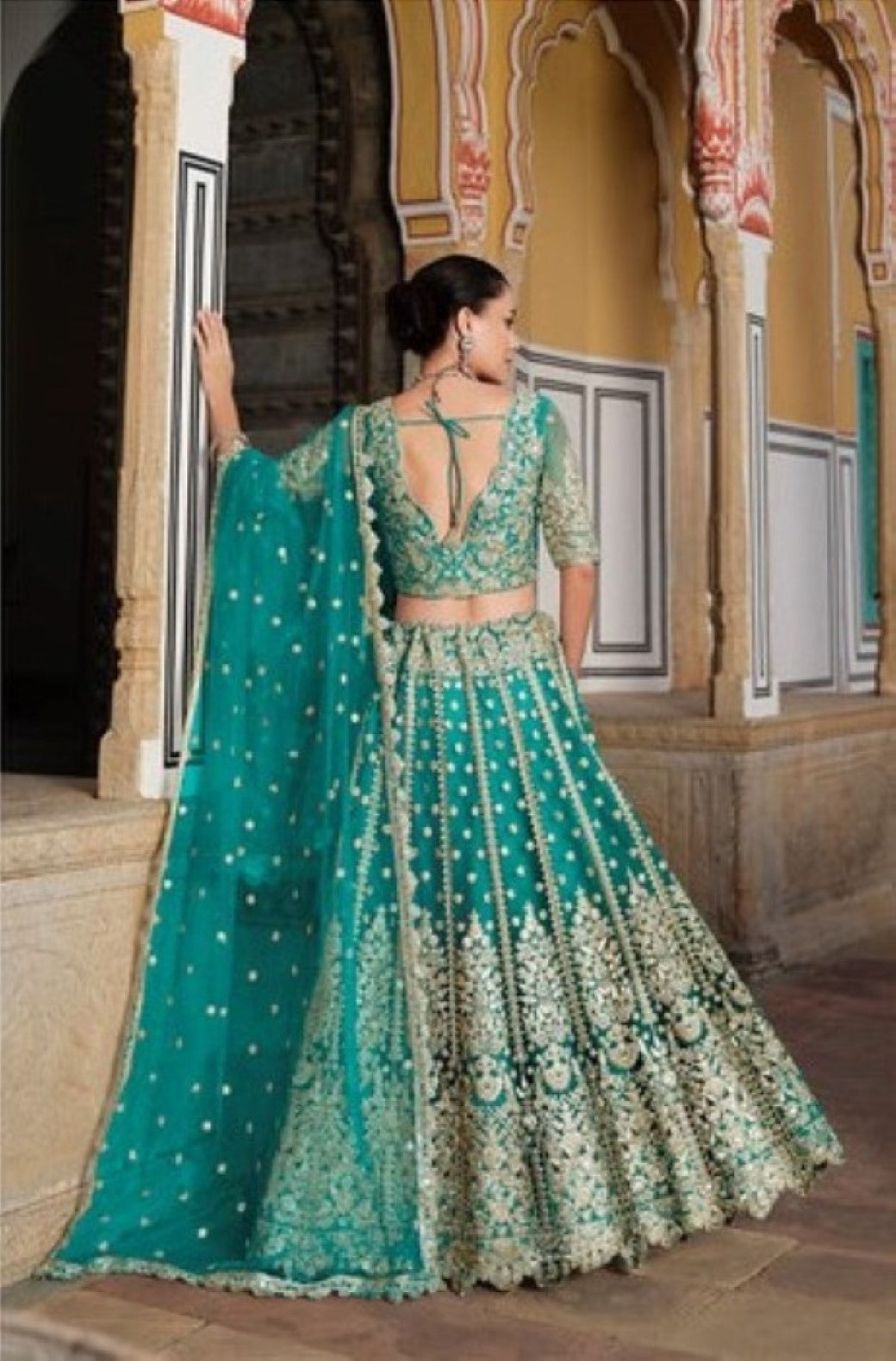 Anaita Turquoise Net Lehenga Choli With Stone Embroidery Work | Grocsy