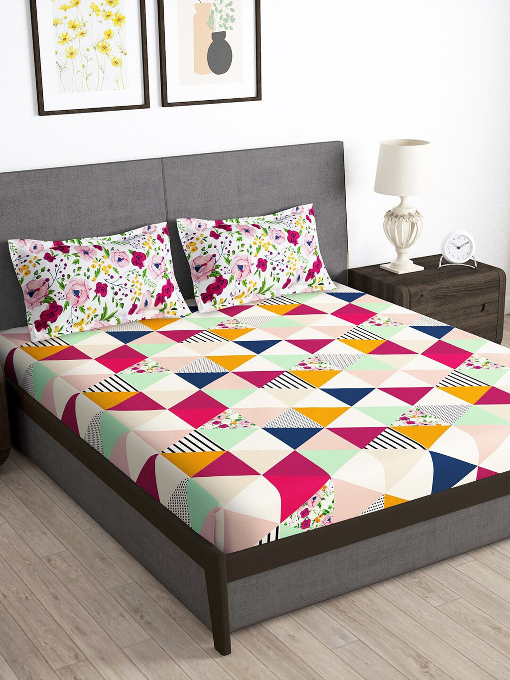 Story@home Arena Pink & Green Geometric Printed 180 TC Queen Bedsheet & 2 Pillow Covers | Grocsy