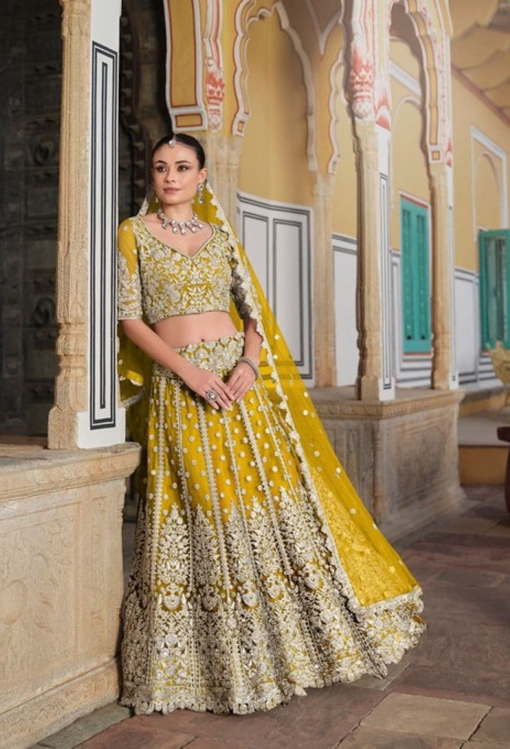 Anaita Yellow Net Lehenga Choli With Stone Embroidery Work | Grocsy