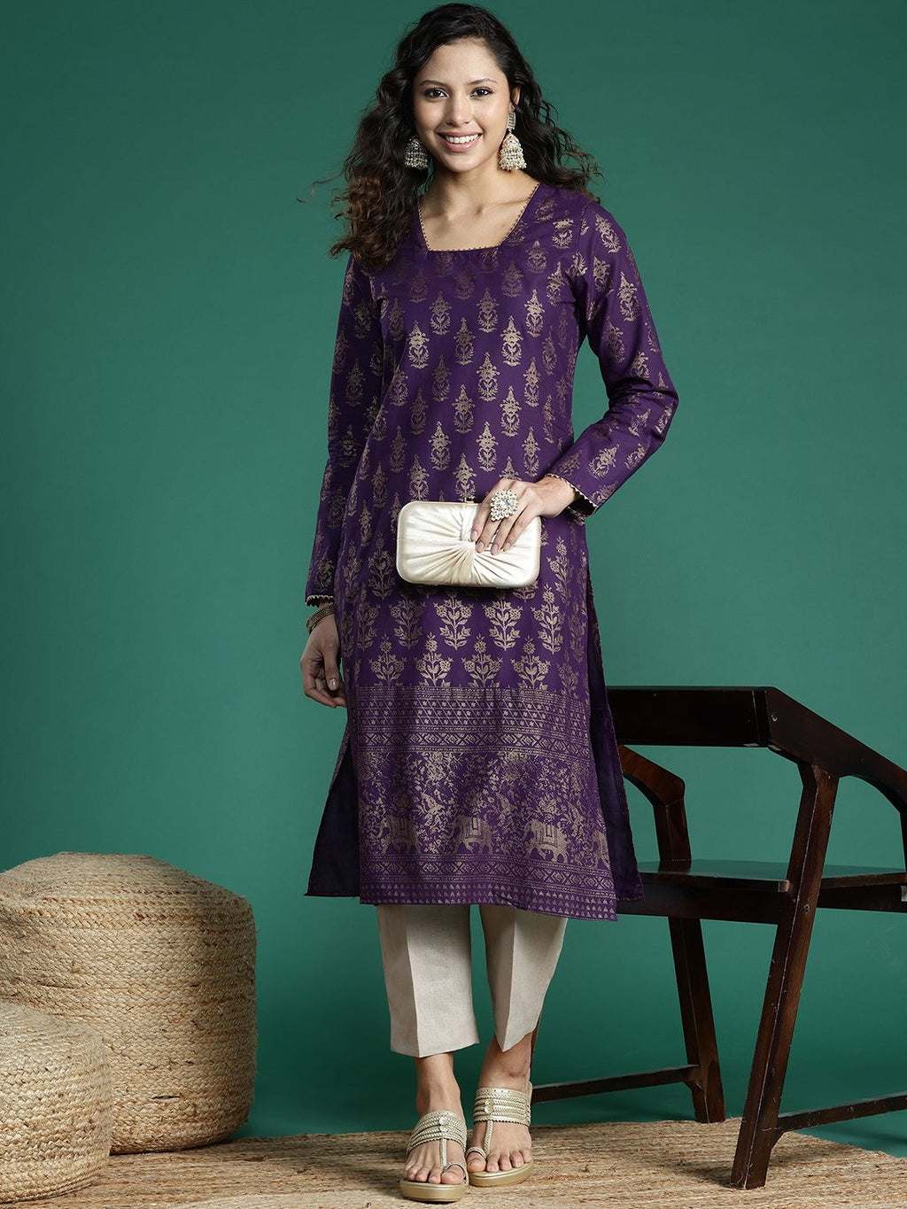Sangria Ethnic Motifs Printed Gotta Patti Kurta | Grocsy