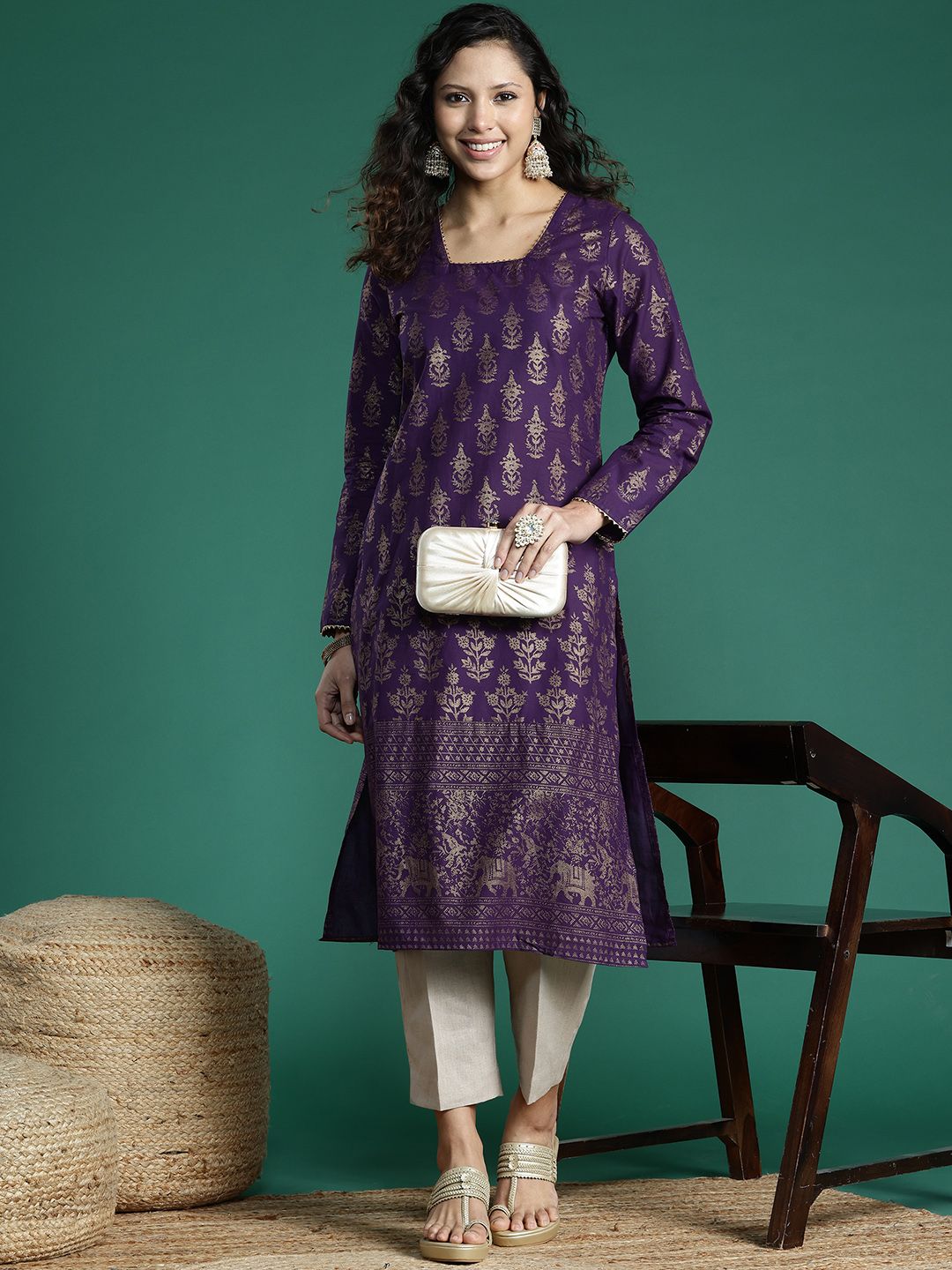 Sangria Ethnic Motifs Printed Gotta Patti Kurta | Grocsy