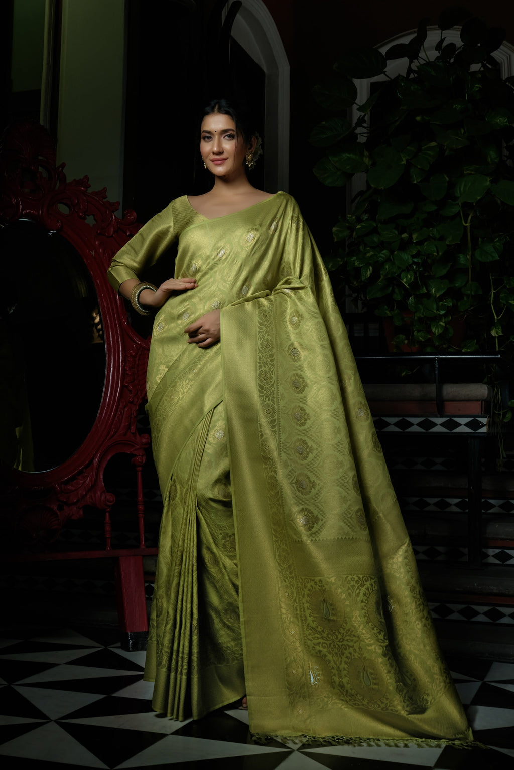 Vardha Jade Green Copper-Silver Zari Kanjeevaram Silk Saree | Grocsy