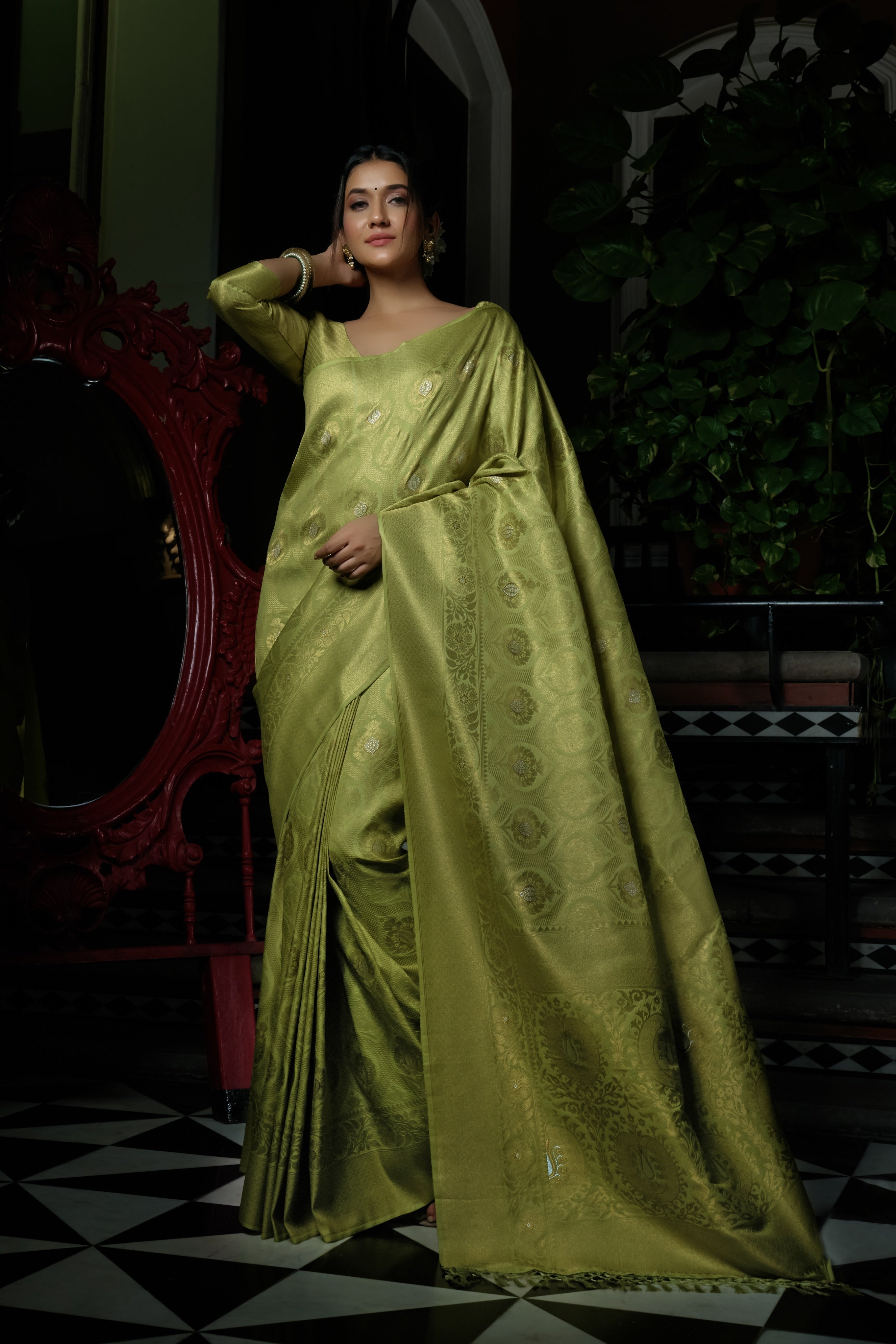 Vardha Jade Green Copper-Silver Zari Kanjeevaram Silk Saree | Grocsy
