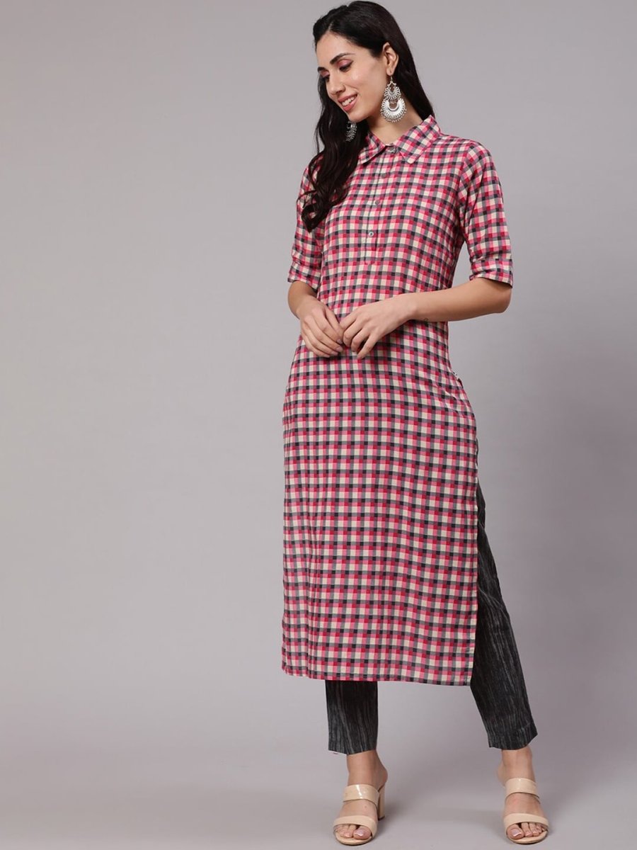 Aks Women Checked Shirt Collar Pure Cotton Kurta With Trousers | Grocsy