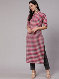 Aks Women Checked Shirt Collar Pure Cotton Kurta With Trousers | Grocsy