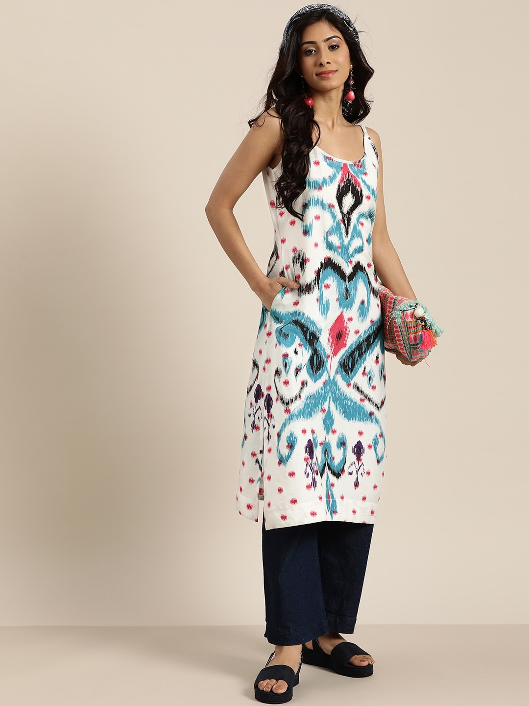Sangria Women White & Blue Pure Cotton Ethnic Motifs Printed Straight Kurta | Grocsy