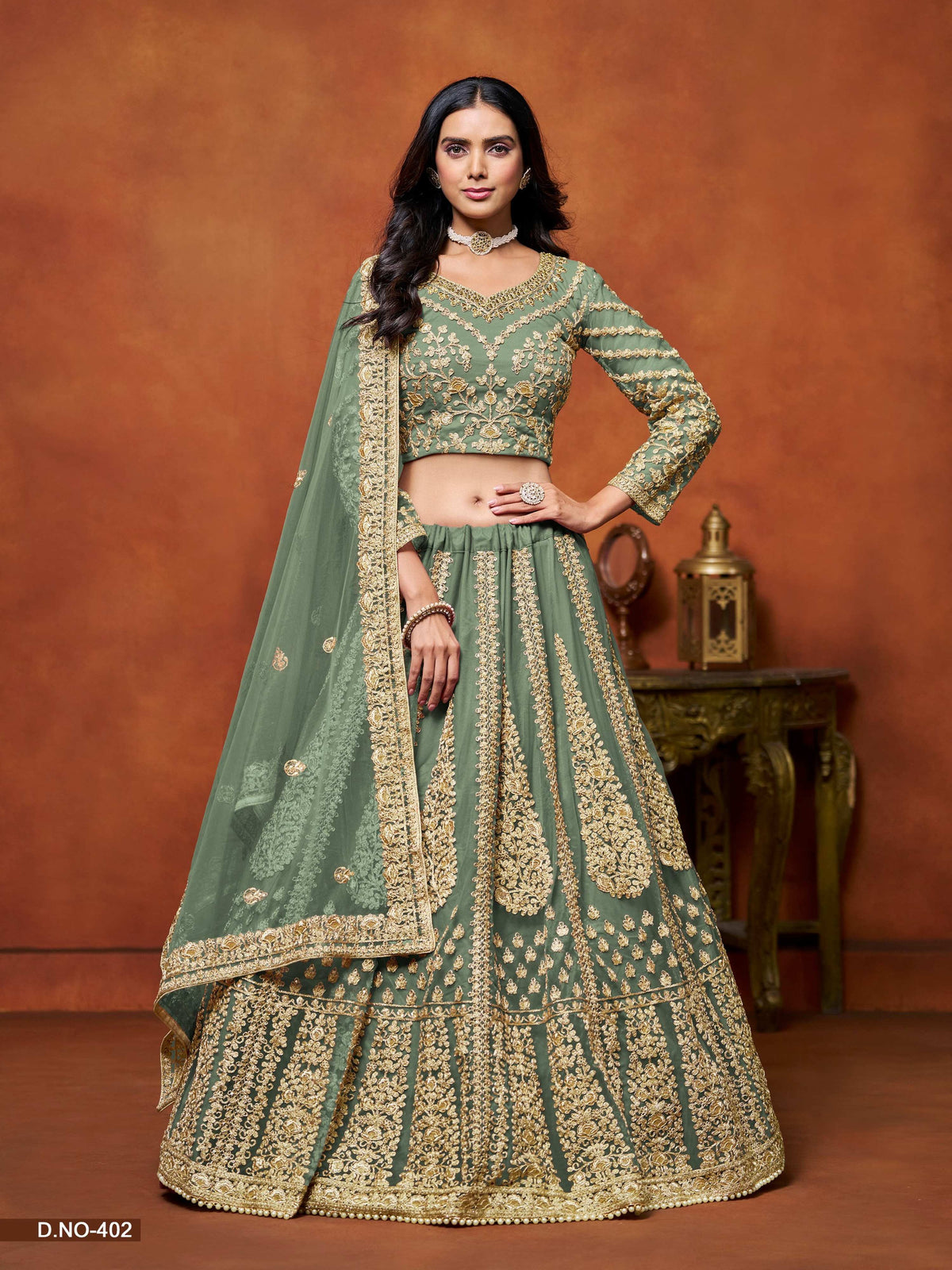 Anaita Light_Green Embroidered Net Designer Lehenga With Blouse | Grocsy