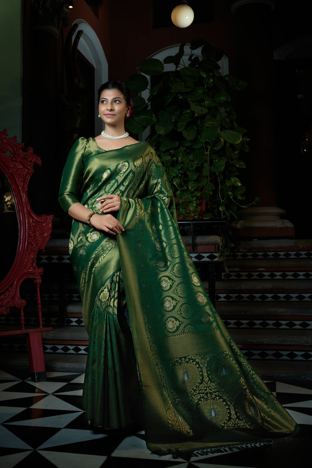 Vardha Dartmouth Green Copper-Silver Zari Kanjeevaram Silk Saree | Grocsy