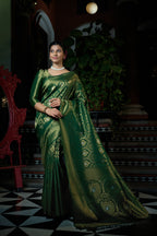 Vardha Dartmouth Green Copper-Silver Zari Kanjeevaram Silk Saree | Grocsy