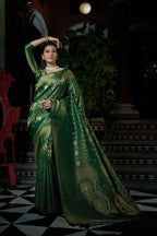 Vardha Dartmouth Green Copper-Silver Zari Kanjeevaram Silk Saree | Grocsy