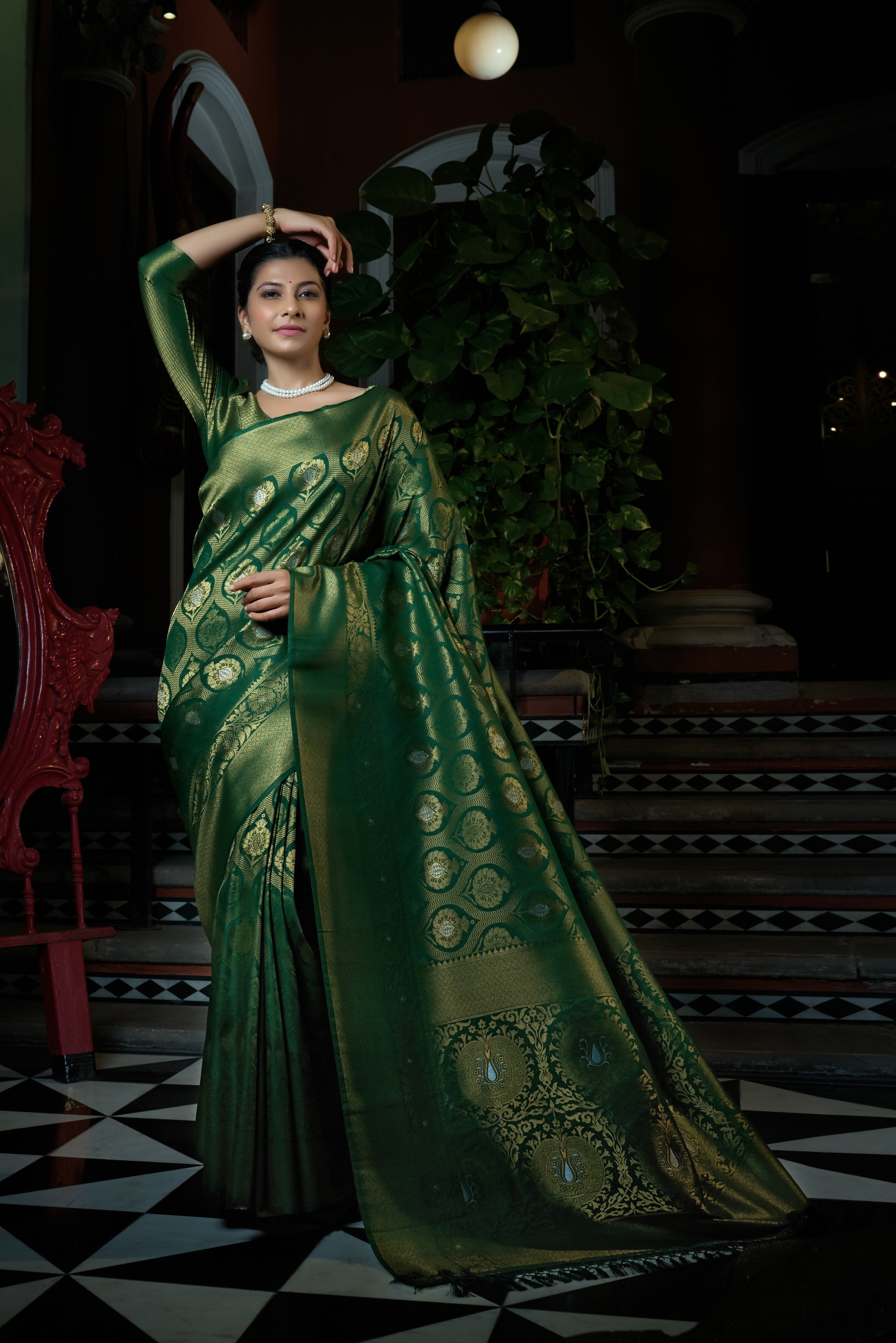 Vardha Dartmouth Green Copper-Silver Zari Kanjeevaram Silk Saree | Grocsy