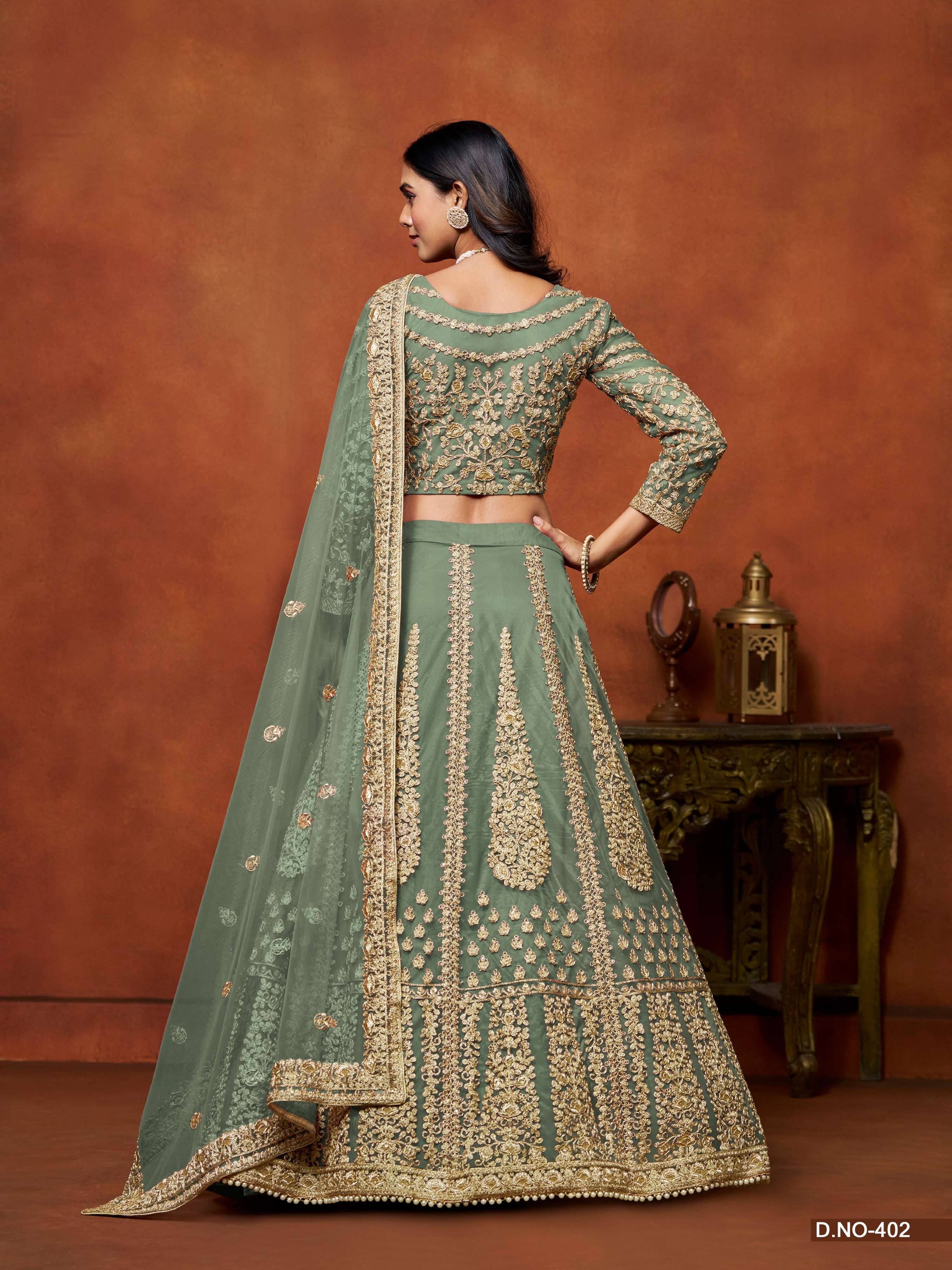 Anaita Light_Green Embroidered Net Designer Lehenga With Blouse | Grocsy