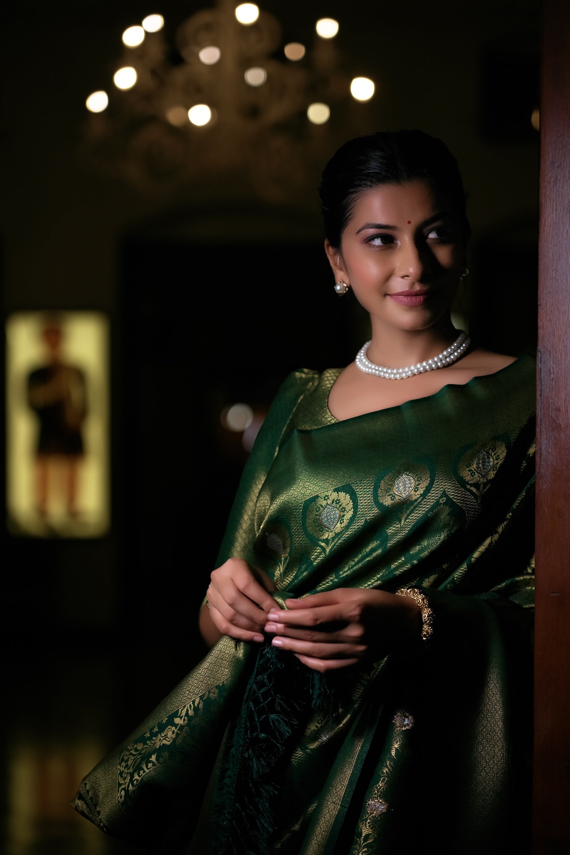 Vardha Dartmouth Green Copper-Silver Zari Kanjeevaram Silk Saree | Grocsy