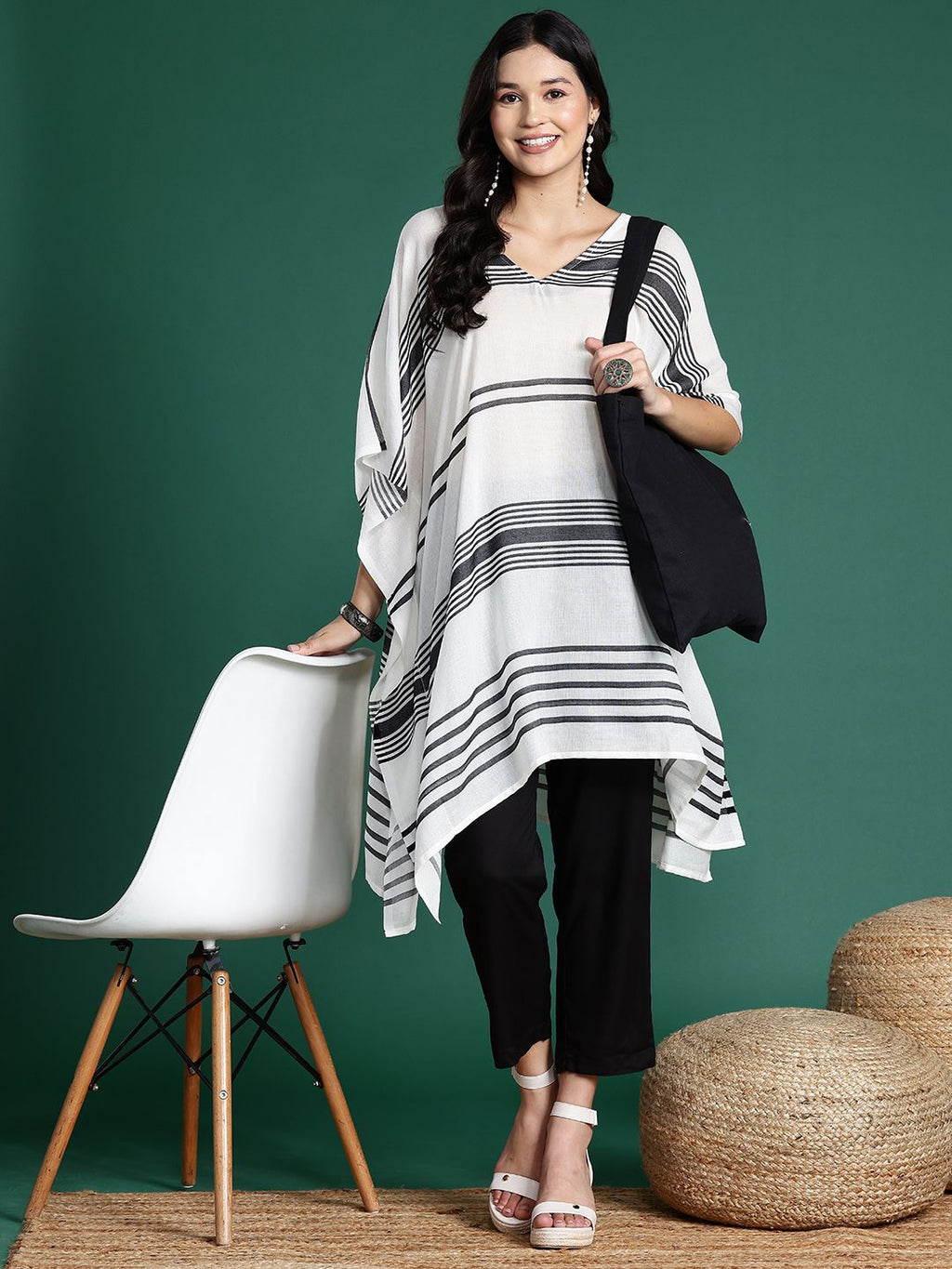 Sangria Striped Flared Sleeves Jacquard Kaftan Kurta | Grocsy