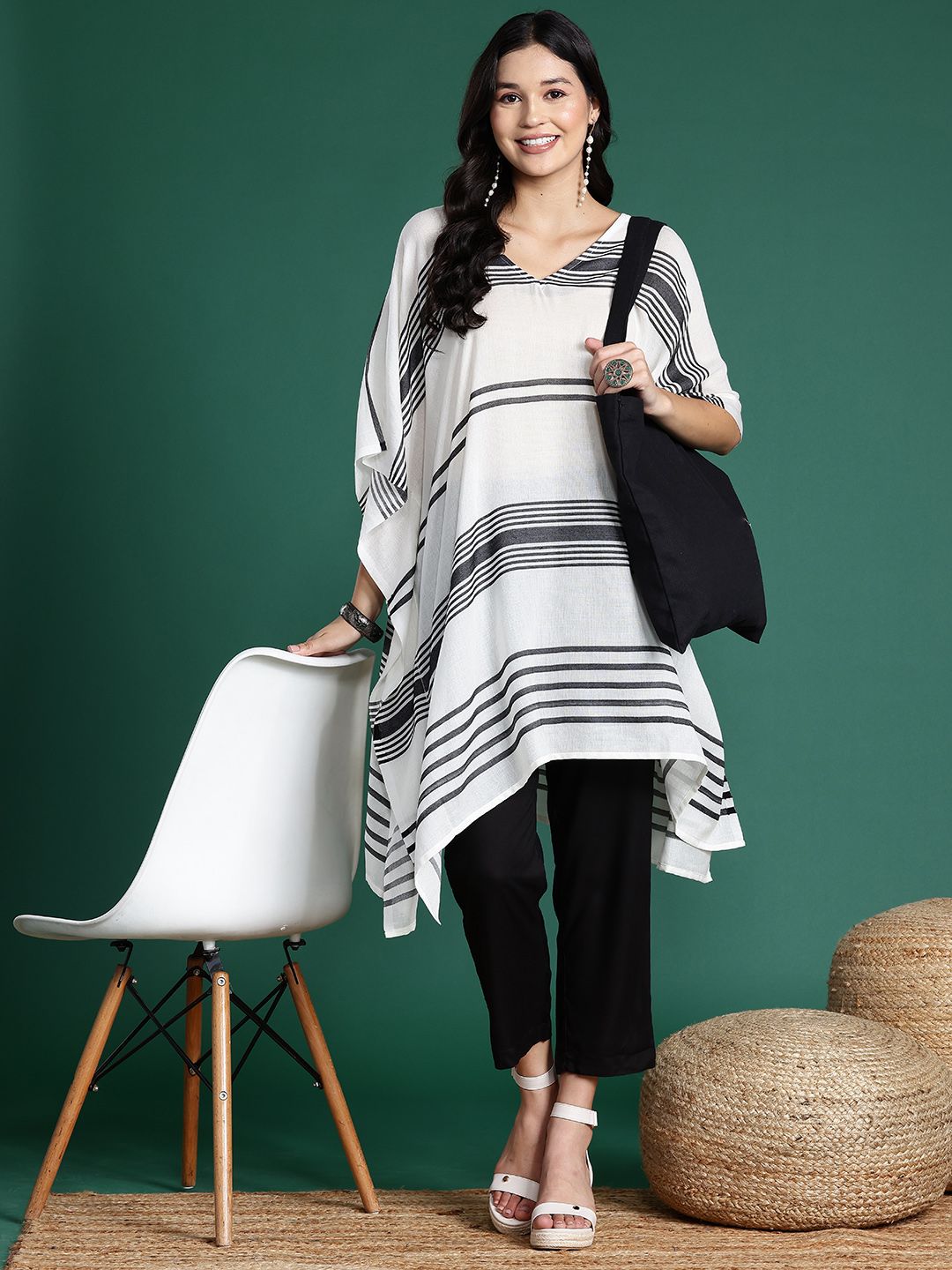 Sangria Striped Flared Sleeves Jacquard Kaftan Kurta | Grocsy