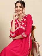 Sangria Ethnic Motifs Embroidered High Slit Thread Work Kurta With Trousers | Grocsy