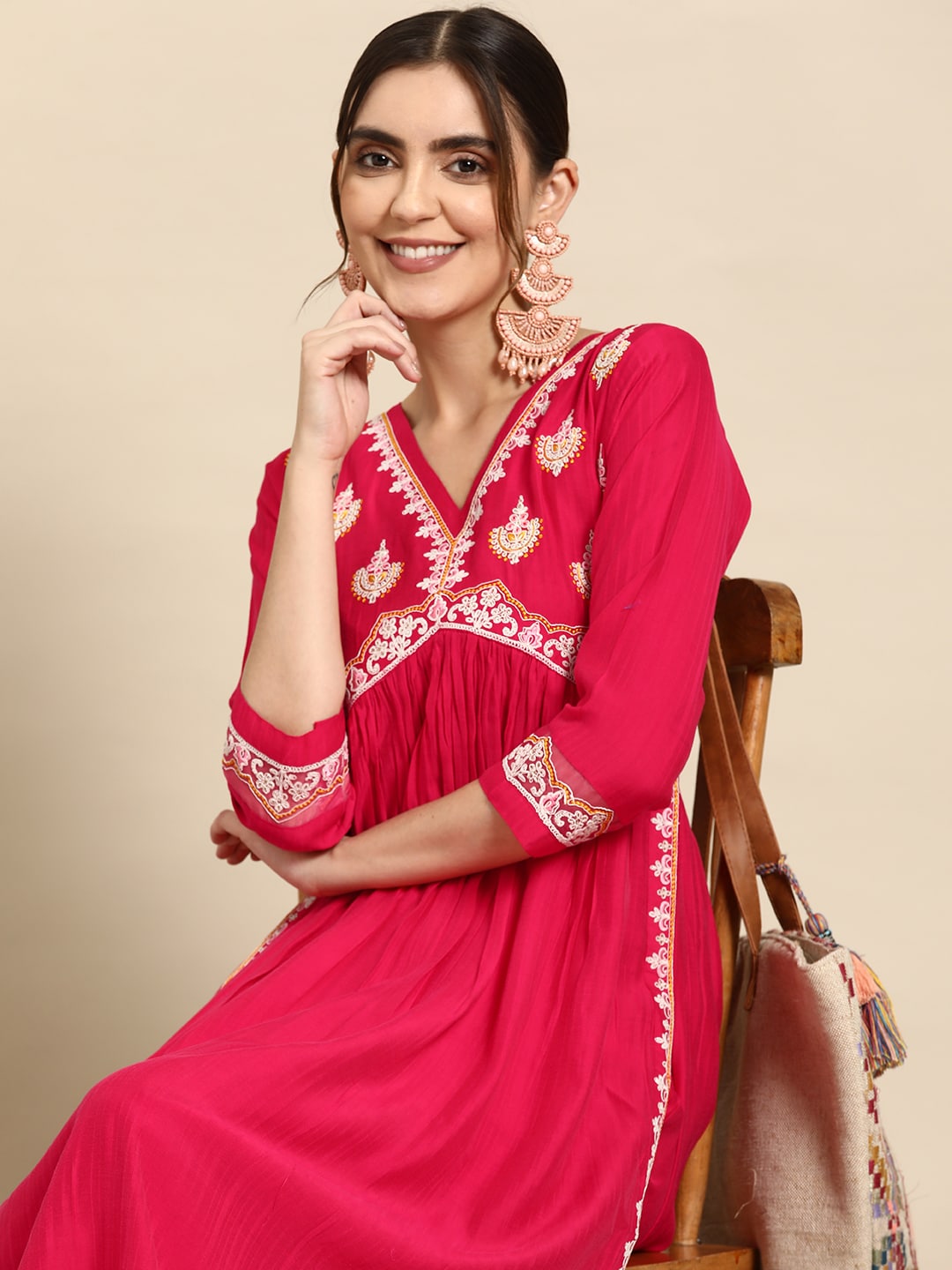 Sangria Ethnic Motifs Embroidered High Slit Thread Work Kurta With Trousers | Grocsy