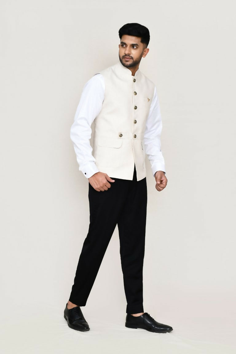 Joban Fashion Cream Colored Cotton Satin Work Men's Jacket | Grocsy