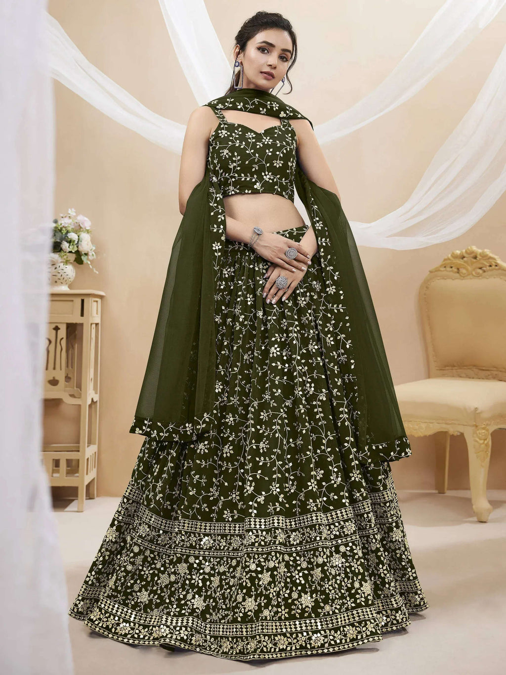 Tulsi Art Bewitching Green Embroidered Georgette Mehendi Wear Lehenga Choli | Grocsy