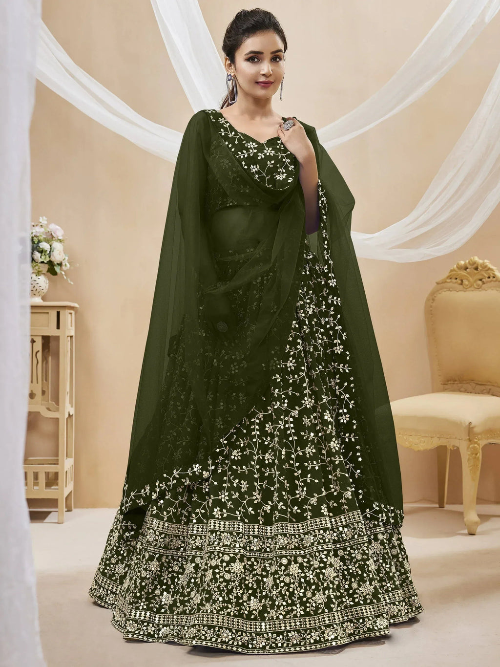 Tulsi Art Bewitching Green Embroidered Georgette Mehendi Wear Lehenga Choli | Grocsy