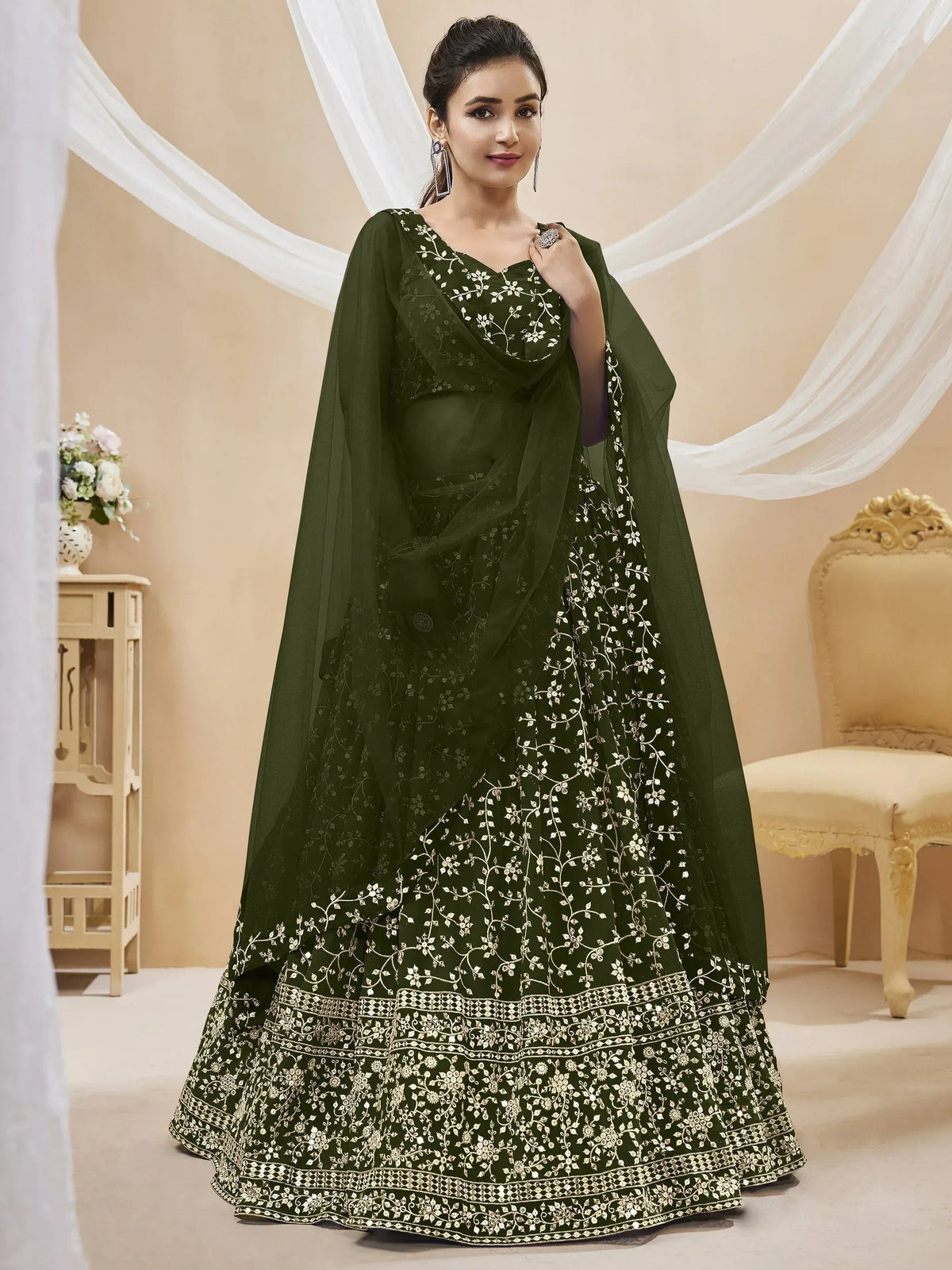 Tulsi Art Bewitching Green Embroidered Georgette Mehendi Wear Lehenga Choli | Grocsy
