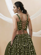 Tulsi Art Bewitching Green Embroidered Georgette Mehendi Wear Lehenga Choli | Grocsy
