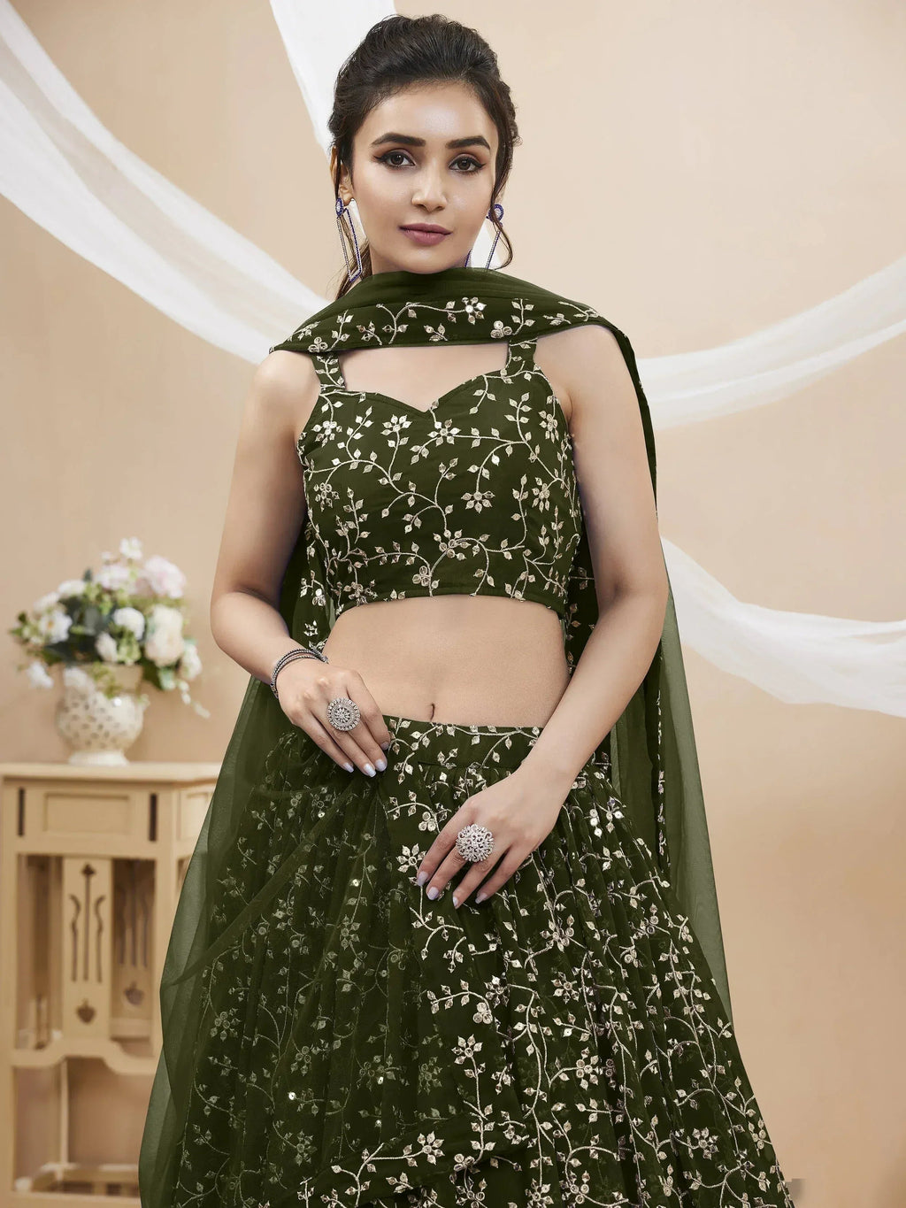 Tulsi Art Bewitching Green Embroidered Georgette Mehendi Wear Lehenga Choli | Grocsy