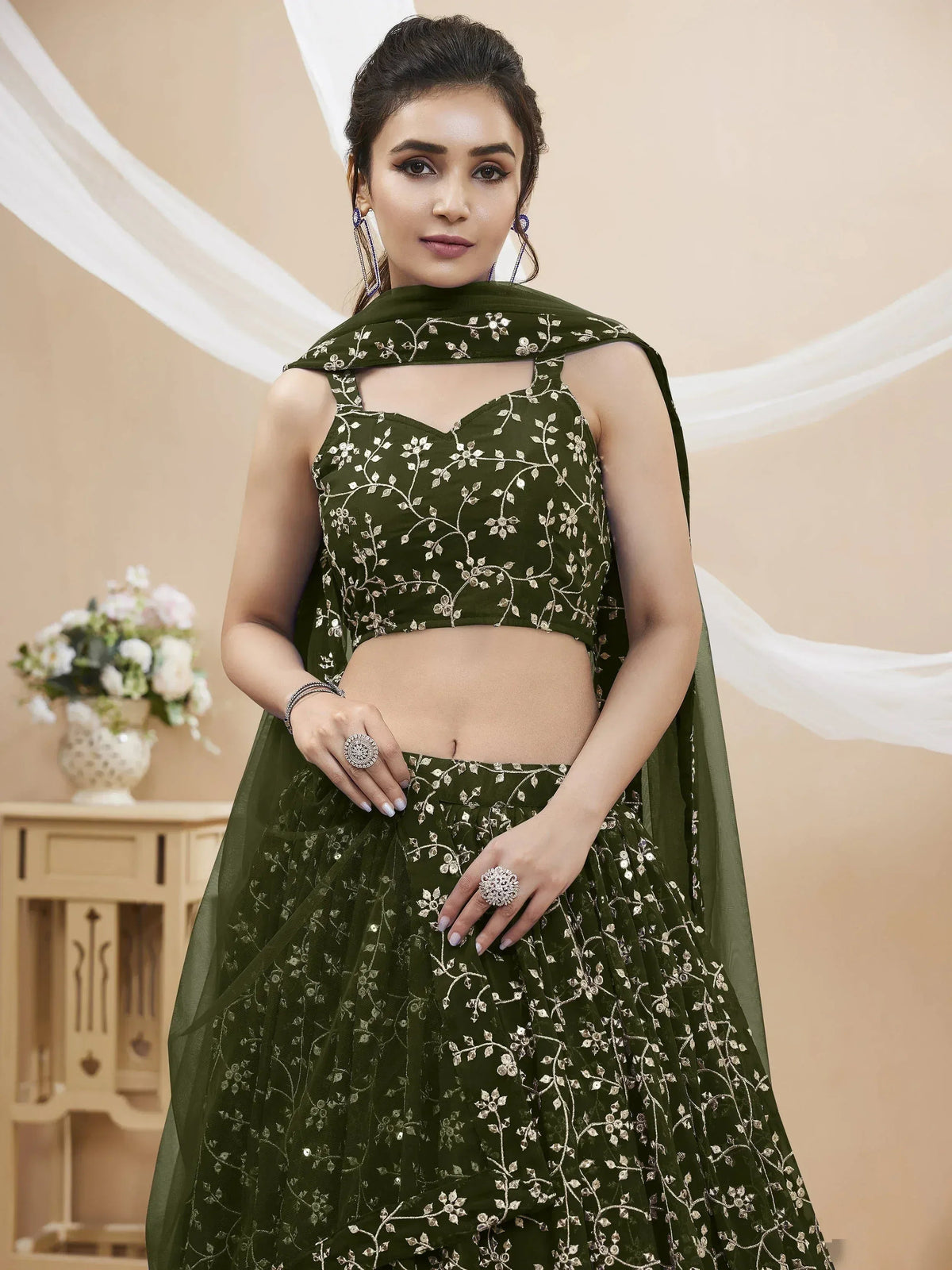 Tulsi Art Bewitching Green Embroidered Georgette Mehendi Wear Lehenga Choli | Grocsy