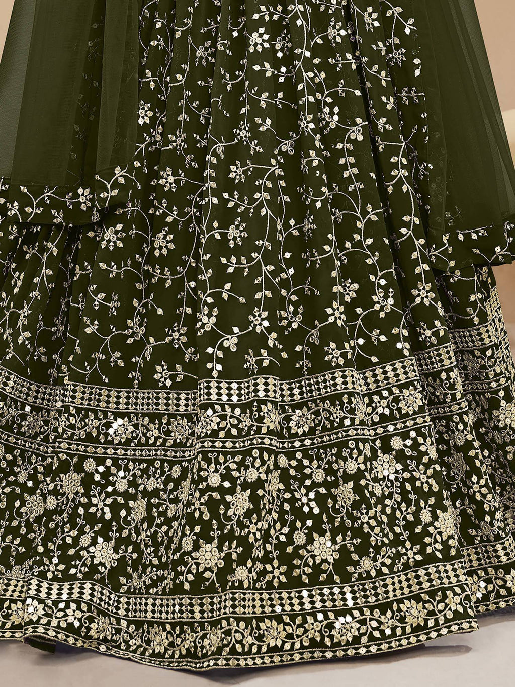 Tulsi Art Bewitching Green Embroidered Georgette Mehendi Wear Lehenga Choli | Grocsy