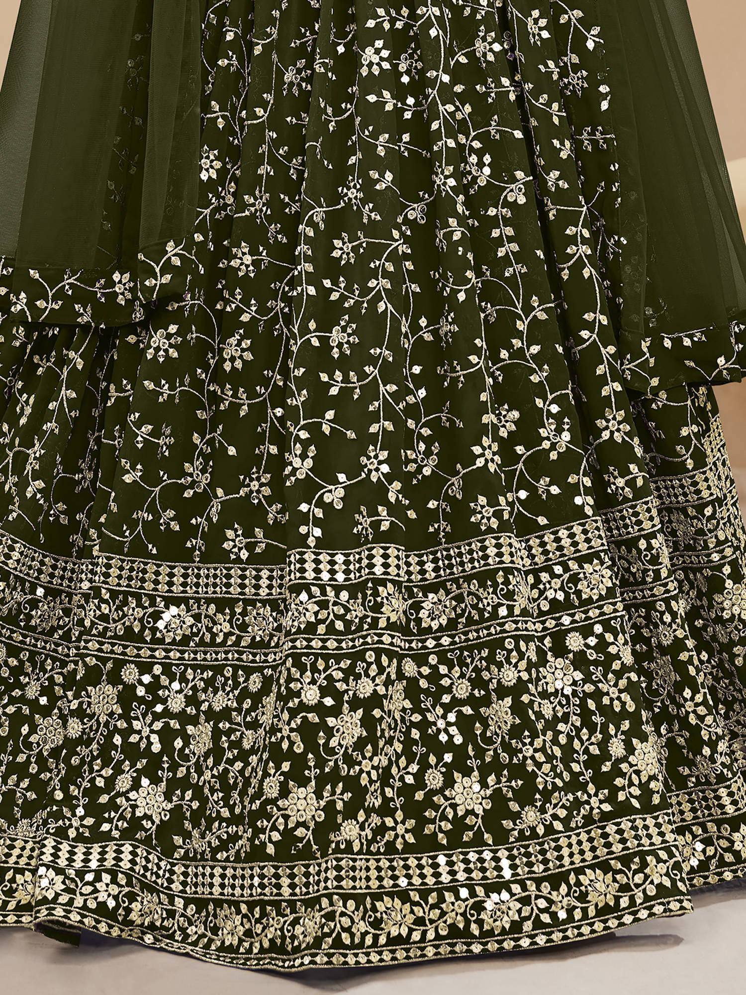 Tulsi Art Bewitching Green Embroidered Georgette Mehendi Wear Lehenga Choli | Grocsy