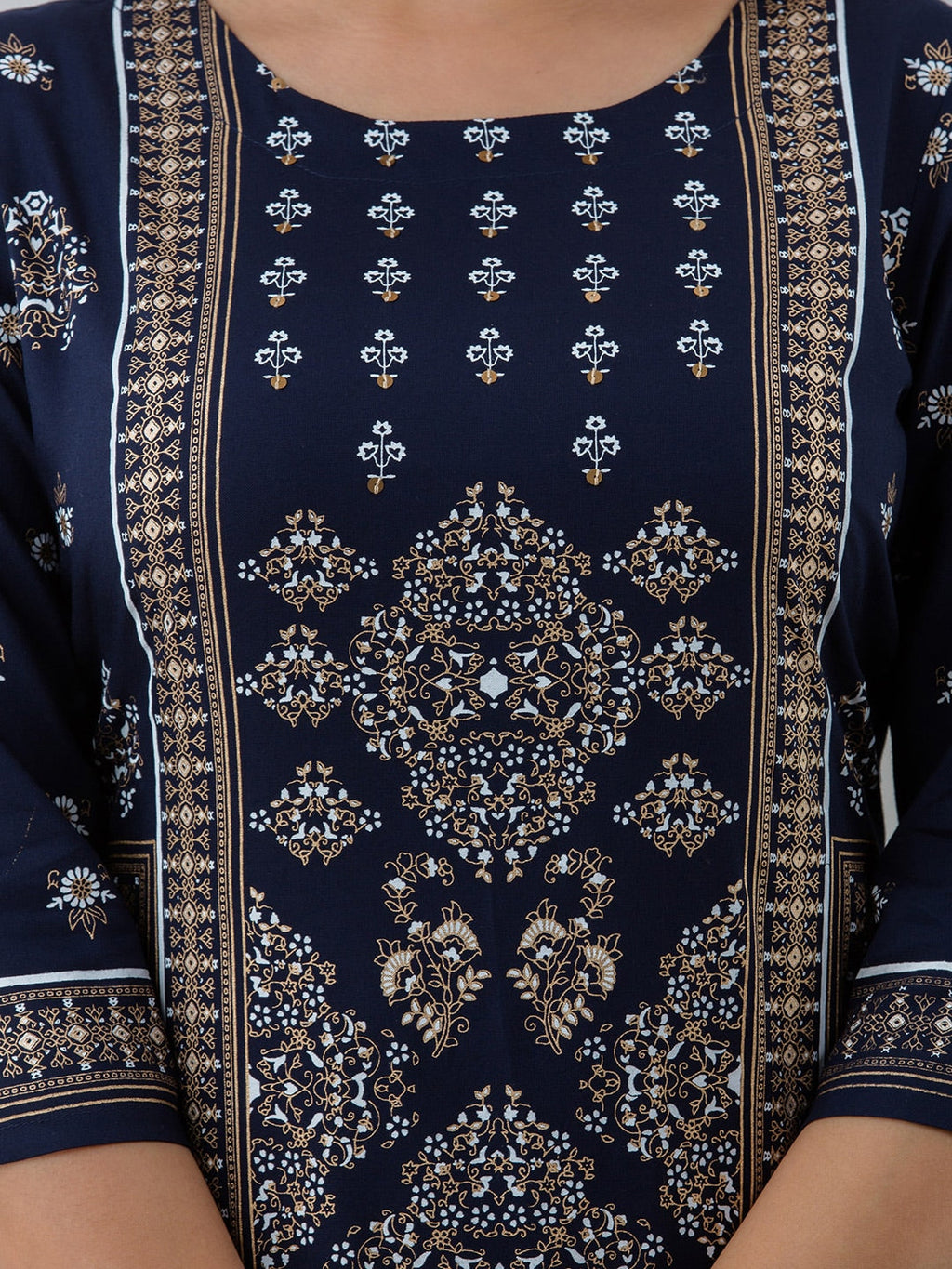 HERE&NOW Navy Blue Ethnic Motifs Printed Kurta with Trousers | Grocsy