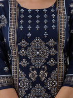 HERE&NOW Navy Blue Ethnic Motifs Printed Kurta with Trousers | Grocsy