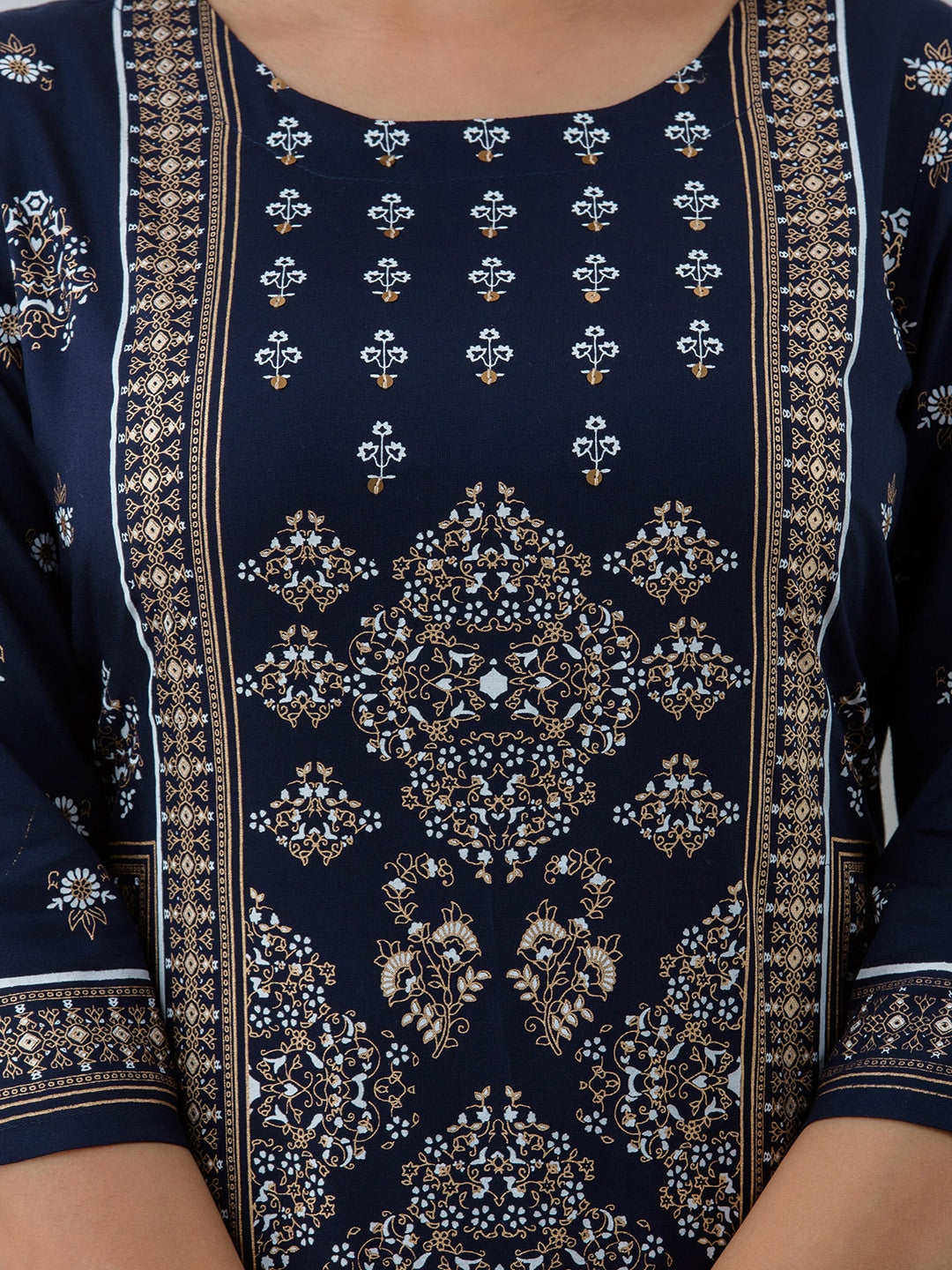 HERE&NOW Navy Blue Ethnic Motifs Printed Kurta with Trousers | Grocsy