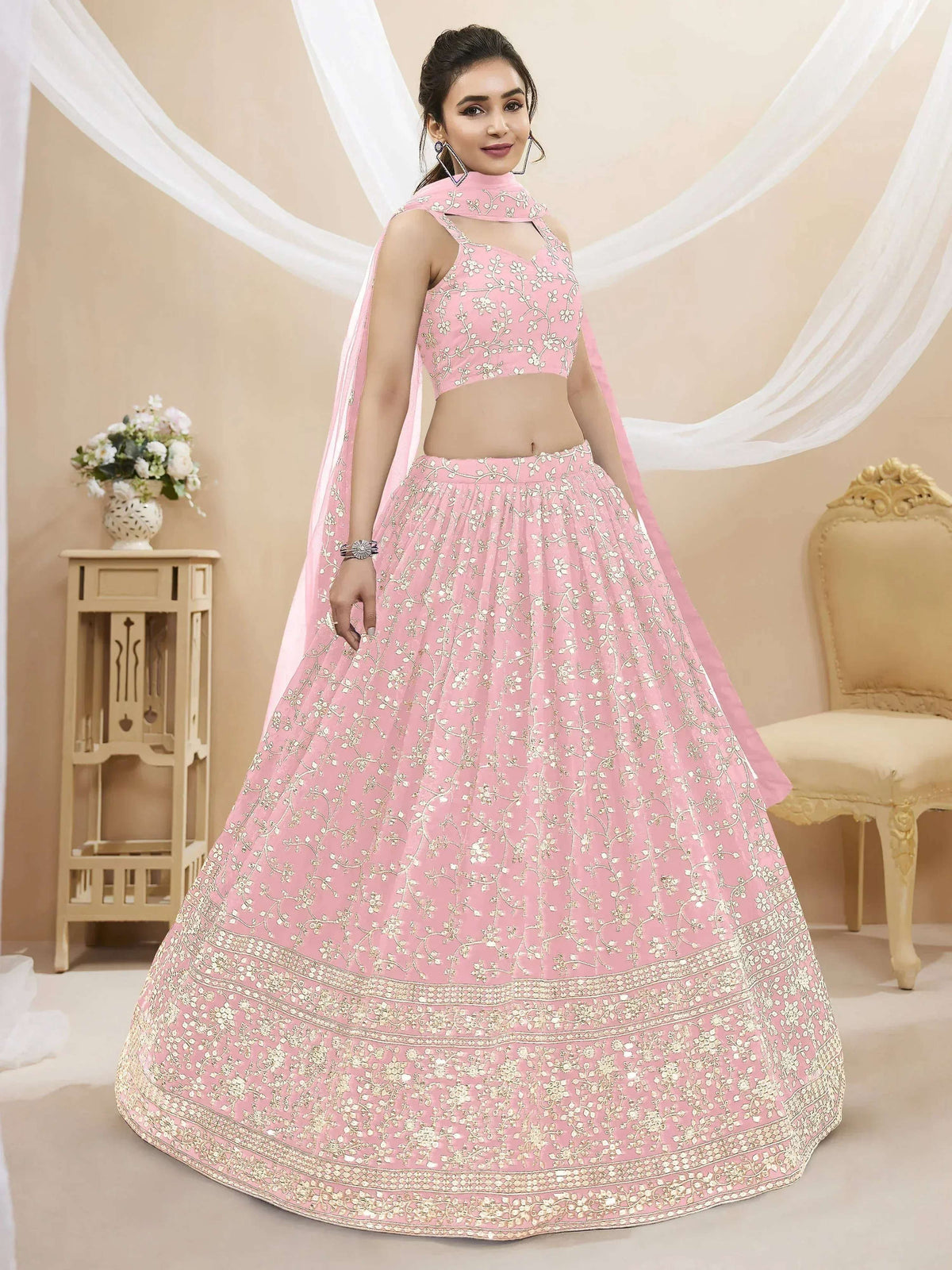 Tulsi Art Beautiful Light Pink Sequin Georgette Engagement Wear Lehenga Choli | Grocsy