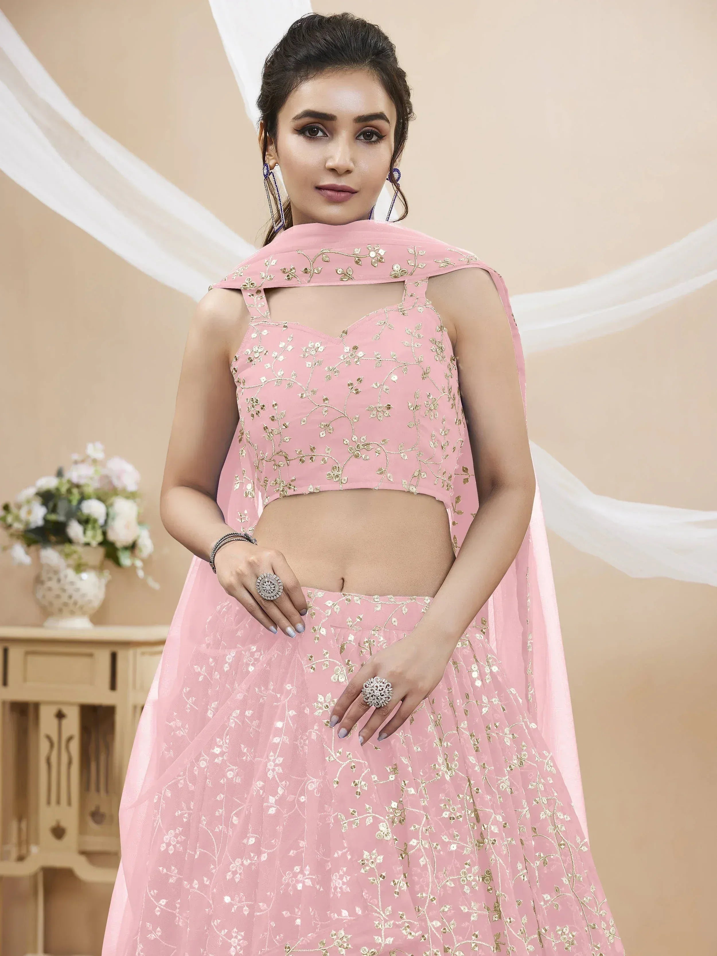 Tulsi Art Beautiful Light Pink Sequin Georgette Engagement Wear Lehenga Choli | Grocsy