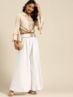 TAG 7 Women White & Green Solid Flared Palazzos | Grocsy