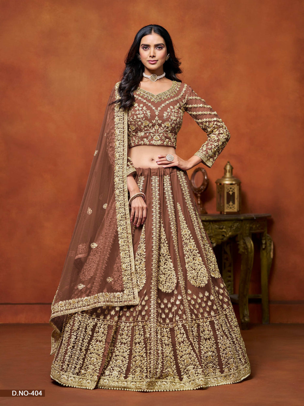 Anaita Brown Embroidered Net Designer Lehenga With Blouse | Grocsy