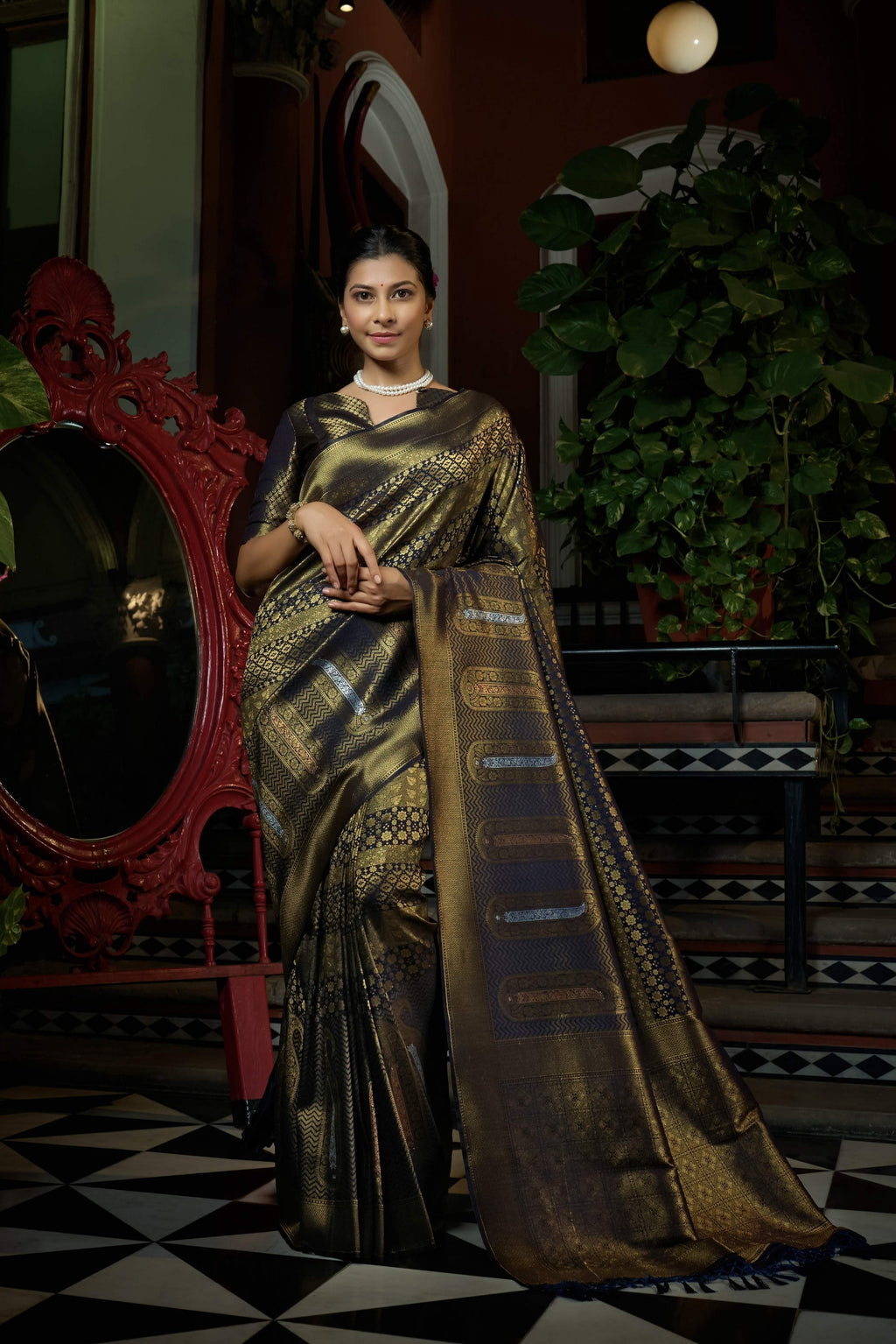 Vardha Stratos Blue Copper-Silver Zari Kanjeevaram Silk Saree | Grocsy