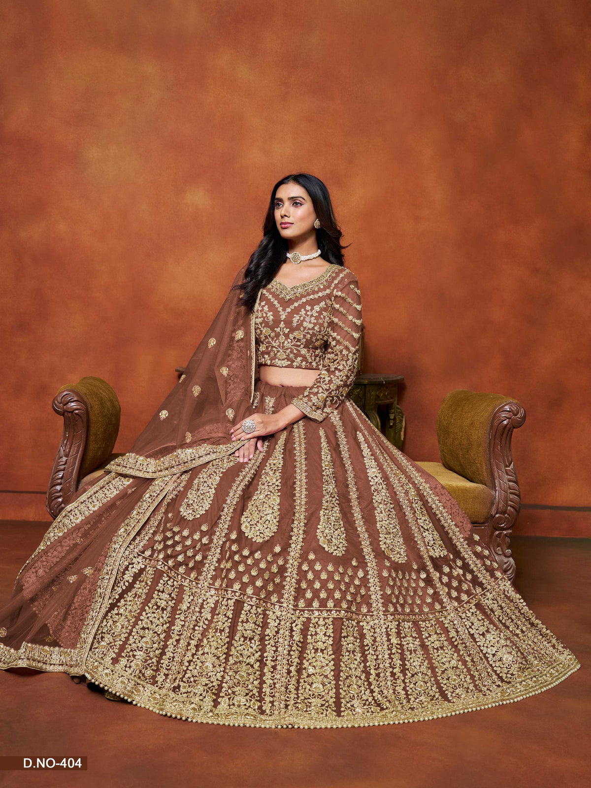 Anaita Brown Embroidered Net Designer Lehenga With Blouse | Grocsy