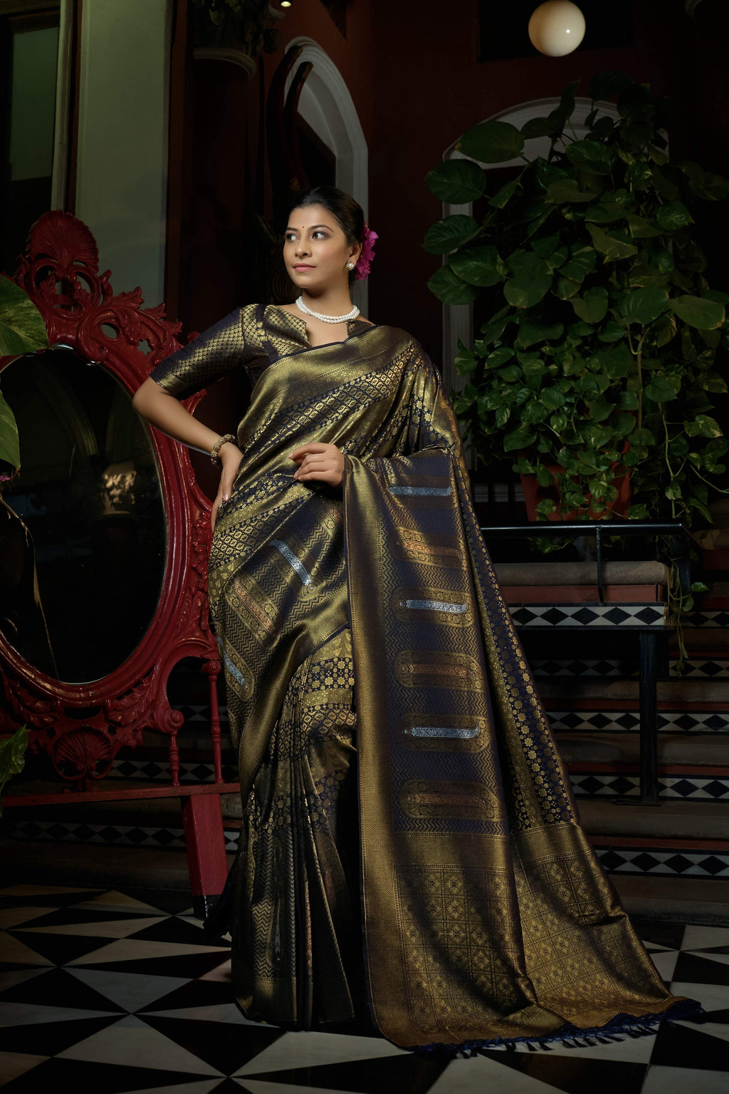 Vardha Stratos Blue Copper-Silver Zari Kanjeevaram Silk Saree | Grocsy