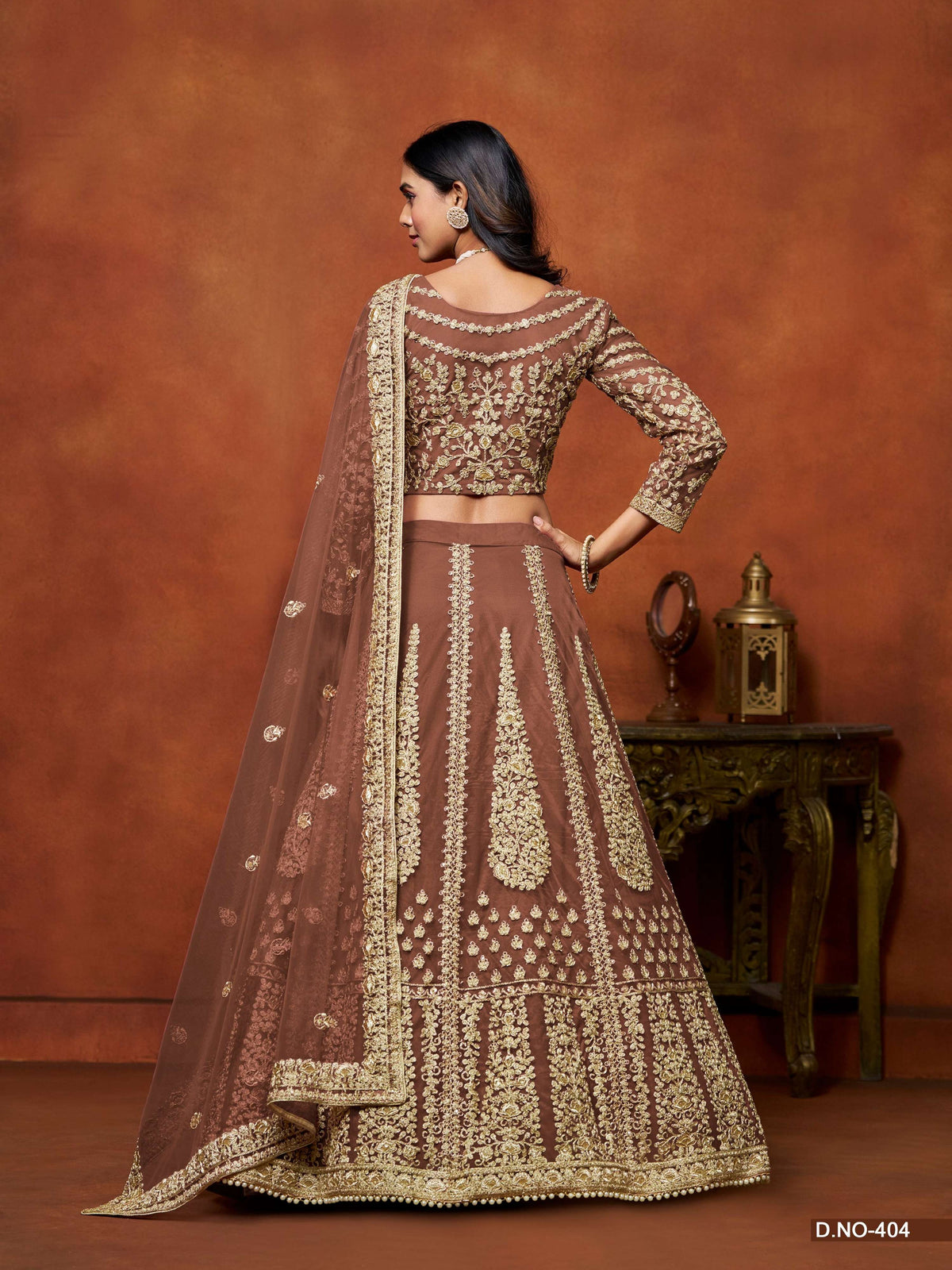 Anaita Brown Embroidered Net Designer Lehenga With Blouse | Grocsy