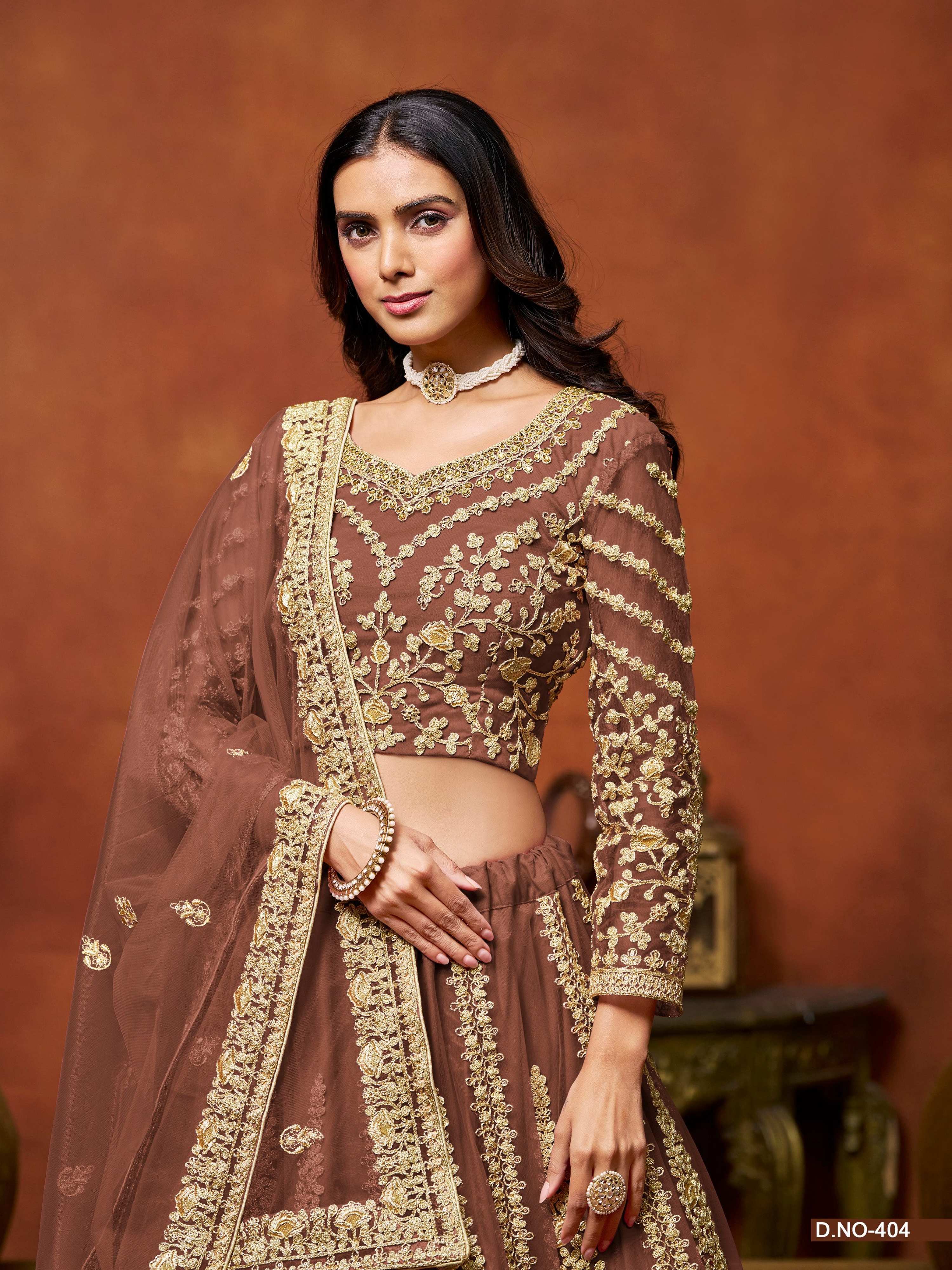 Anaita Brown Embroidered Net Designer Lehenga With Blouse | Grocsy
